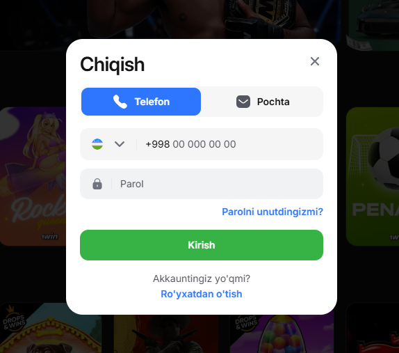 1win UZ kirish shakli