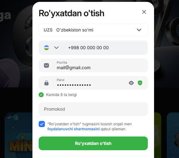 1Win UZ ro‘yxatdan o‘tish shakli